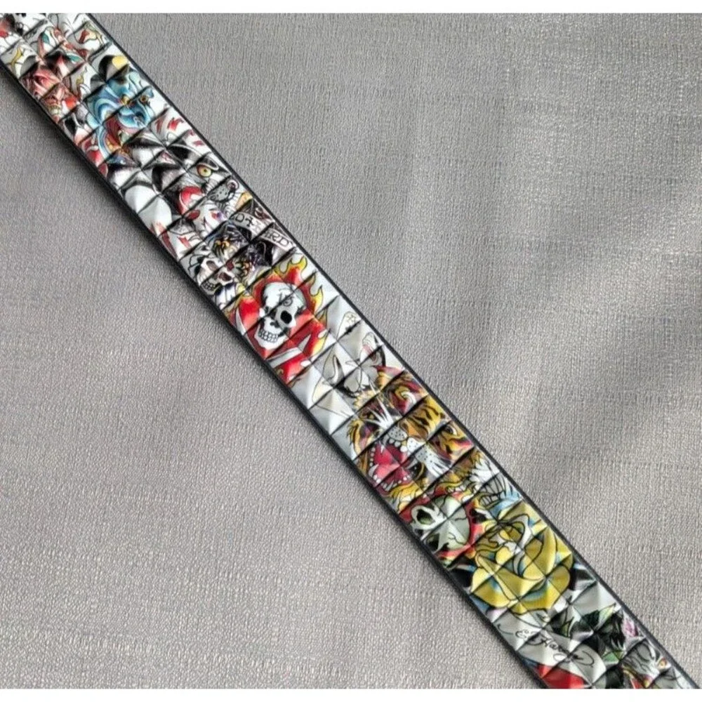Ed Hardy Tiger Buckle Tattoo Print Studded Belt Men's Size 32 NEW